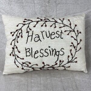 Primitive Hand Embroidered "Harvest Blessings" Accent Pillow 11x7.5" Rustic
